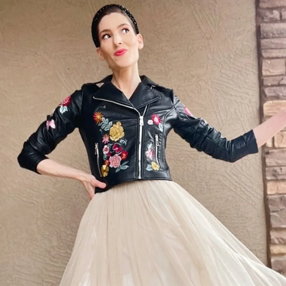 ROMEO & JULIET Floral Embroidered Faux Leather Moto Biker Jacket - Picture 5 of 9